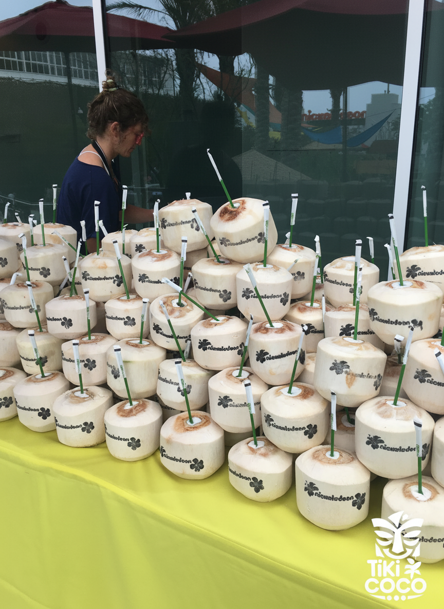 Stacked branded coconuts ready for the event